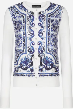 Dolce & Gabbana Cardigan En Soie Et Sergé À Imprimé Majoliques - Femme Pulls Bleu Soie 36