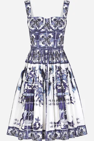 Dolce & Gabbana Robe Bustier Midi En Popeline À Imprimé Majoliques - Femme Robes Bleu Coton 46