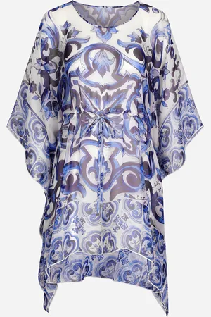 Dolce & Gabbana Caftan Court En Mousseline À Imprimé Majoliques - Femme Robes Bleu Soie 38