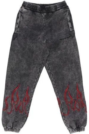 Vision Of Super Pantalon de survetement polaire homme pantalon flammes brodees gris/rouge