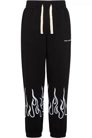 Vision Of Super Pantalon de survetement leger pour hommes Pantalon de flammes brodees Noir/blanc