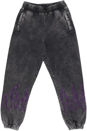 Vision Of Super Pantalon de survetement polaire homme pantalon flammes brodees gris/violet