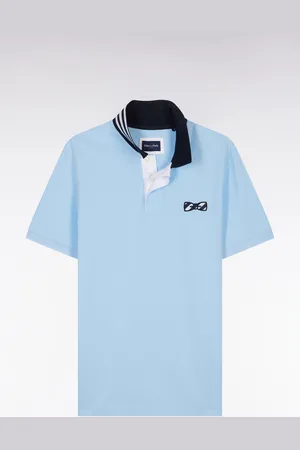 Eden Park Polo À Manches Courtes En Coton Ciel Dessous De Col Cerclé Coupe Droite