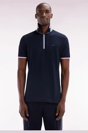 Eden Park Polo À Manches Courtes En Coton Stretch Marine Col Zippé Coupe Ajustée