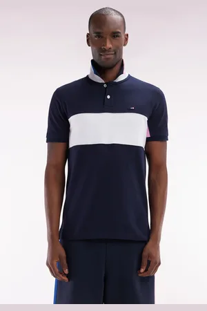Eden Park Polo À Manches Courtes Colorblock En Coton Marine Détails Roses Et Blancs Coupe Droite