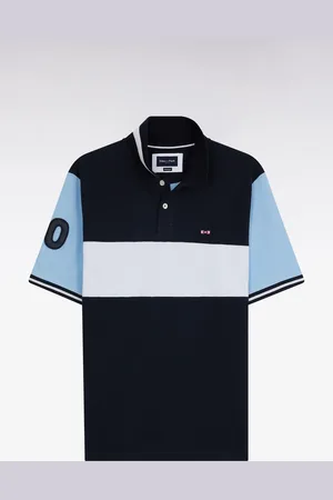 Eden Park Polo À Manches Courtes En Piqué Coton Marine Bande Contrastée Coupe Décontractée