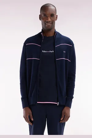 Eden Park Cardigan Col Camionneur Zippé En Coton Marine À Effet De Passepoils Roses Coupe Droite