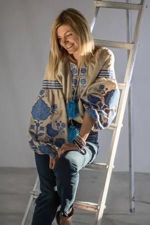 FOLIEDULIN Chemise Brodée En Lin Bohème À Manches Bouffantes Indigo Confection Artisanale