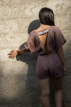 FOLIEDULIN Combi-Short En Lin Oiseaux Brodés Main Rencontre Confection Artisanale