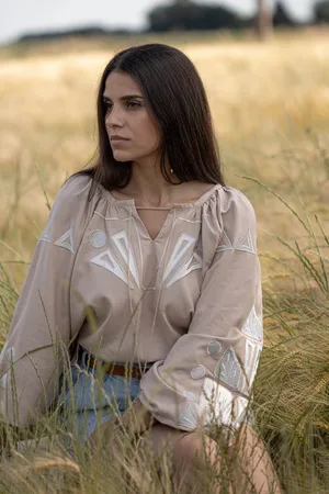 FOLIEDULIN Blouse Brodée Bohème En Lin À Manches Bouffantes Alma Confection Artisanale