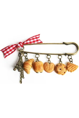 LaNostalgieJewelry Bijoux De Sac Trousse Broche Épingle Croissant Pain Au Chocolat Pâtisserie Fimo Accessoire Fait Main Cadeau Original Maman Fille