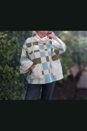 Couleurspivoine Pull Ample Femme En Tissu Polaire, Pull Oversize Femme, Poncho Écru Motifs Carreaux, Col Roulé
