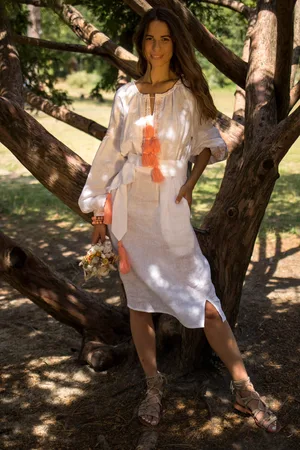 FOLIEDULIN Robe Brodée En Lin Manches Bouffantes Eden Confection Artisanale/Midi Femme Blanche Ethnique Chic Bio