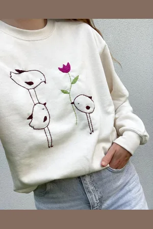 Delicateminiature Sweatshirt Brodé À La Main - Oiseaux Et Tulipe Pièce Unique Taille M