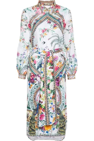 Camilla Robe mi-longue en lin à fleurs