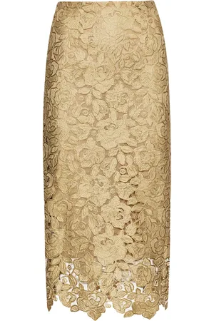 Oscar de la Renta Jupe mi-longue Gold Foil Rose en guipure