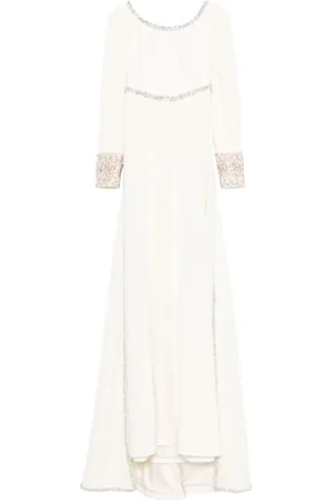 Dina Melwani Robe longue ornée de cristaux à détail de cape