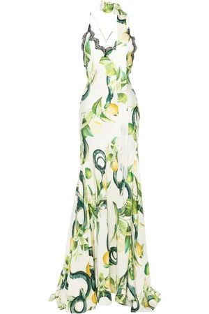 Roberto Cavalli Robe longue en soie à imprimé citron