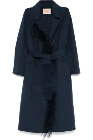 Twin-Set Manteau brodé de plumes à taille ceinturée