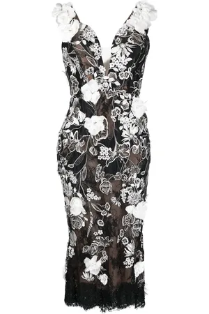 Marchesa Notte Robe mi-longue à fleurs appliquées