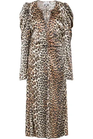 Ganni Robe mi-longue froncée à motif léopard