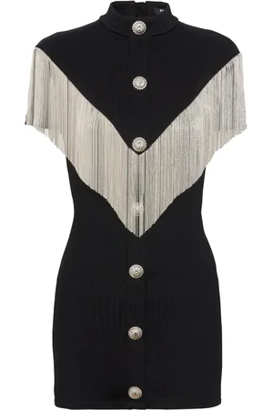 Balmain Robe courte frangée à col montant