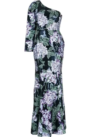 Marchesa Notte Robe longue ornée de sequins à une épaule