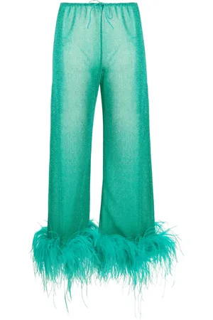 Oseree Pantalon métallisé bordé de plumes