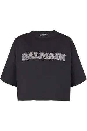 Balmain T-shirt crop en coton à logo strassé