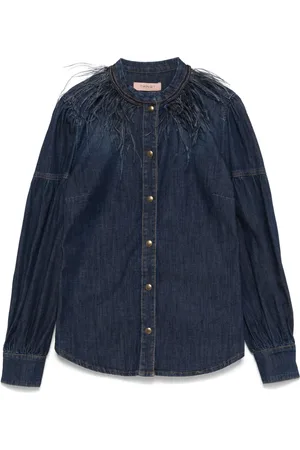 Twin-Set Chemise en jean à détails de plumes