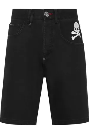 Philipp Plein Short en jean à motif tête de mort brodé