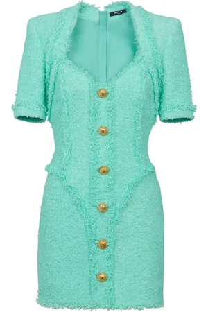 Balmain Robe courte en tweed à boutons strassés