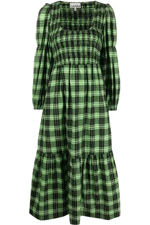 Ganni Robe mi-longue en seersucker à carreaux