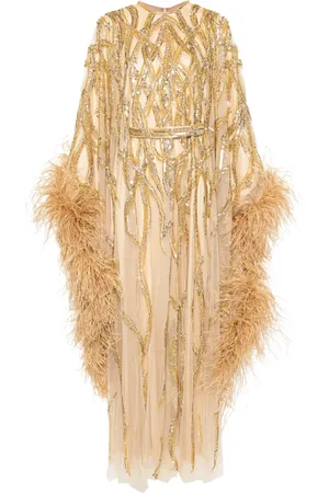 Dina Melwani Robe longue bordée de plumes