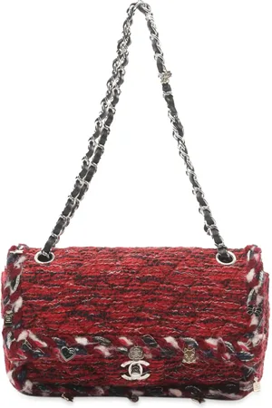 CHANEL Sac porté épaule Charms Double Flap médium en tweed tressé (2017-2018)