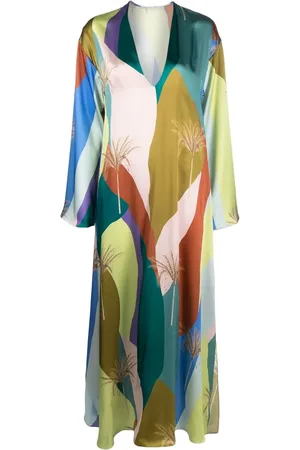 RAQUEL DINIZ Robe longue en soie à imprimé graphique