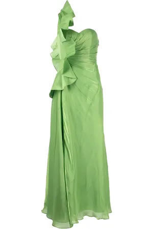 Badgley Mischka Robe longue plissée Leaf à une épaule