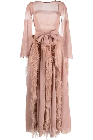 ANTONINO VALENTI Robe longue en soie à détails de plumes