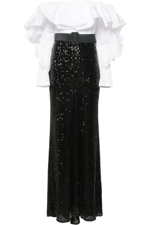 Badgley Mischka Robe longue volantée à sequins