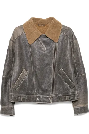 Manokhi Veste en cuir à col en peau lainée