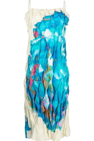 Issey Miyake Robe mi-longue froncée à imprimé abstrait (années 2000)