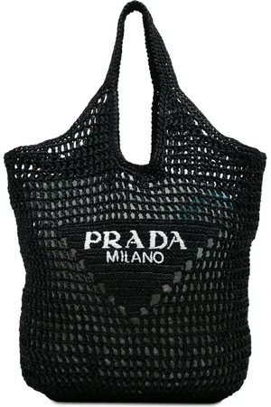 Prada 2010-2024 Raffia Effect Crochet Logo Embroidered Shopping tote bag