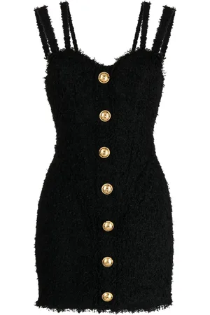 Balmain Robe courte en tweed à boutons strassés
