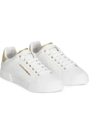 Dolce & Gabbana Sneakers, White Leather Sneakers With Gold Accents en