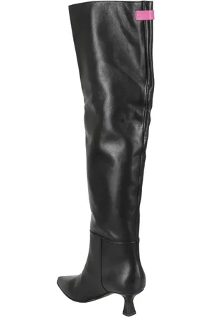 3Juin Bottes & Bottines, Knee-High Black Leather Boot With Fuchsia Accents en