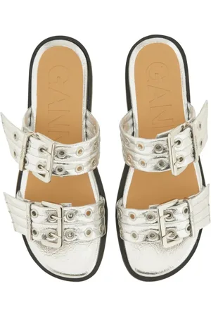 Ganni Sandales, Metallic-Finish Sandals With Decorative Buckles en