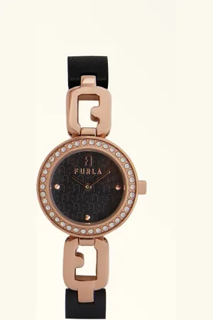 Furla Arco Chain Montre Avec Boîtier Arrondi Nero Cuir De Veau + Métal + Strass Femme