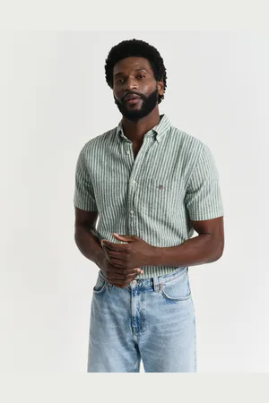 GANT Men Chemise regular fit en coton et lin à rayures et manches courtes (L)