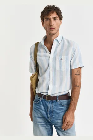 GANT Men Chemise regular fit en coton et lin à rayures et manches courtes (S)