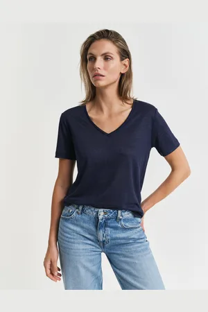 GANT Women T-shirt col V en lin (XS)